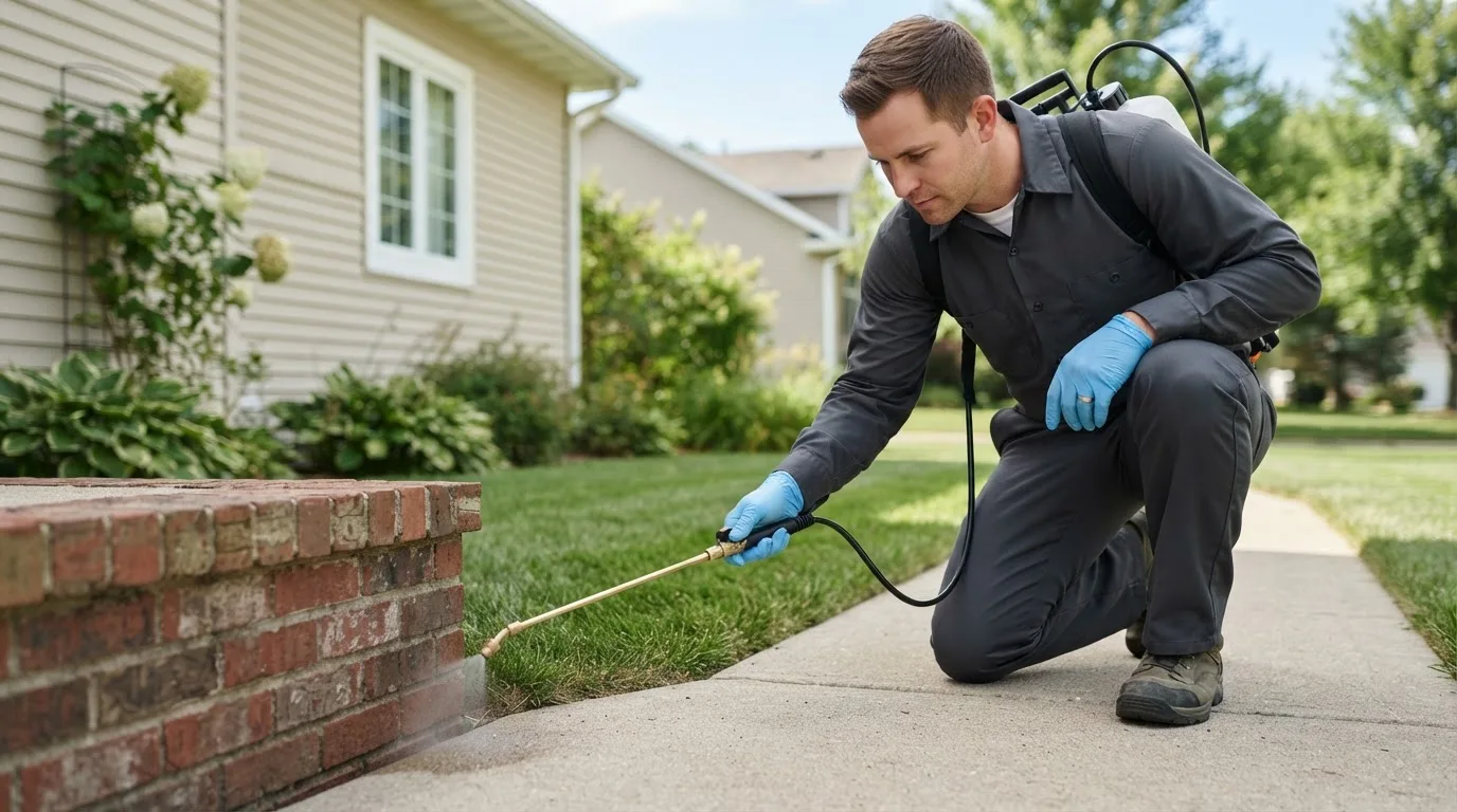 Pest control technician treating a home near Uniondale, IN