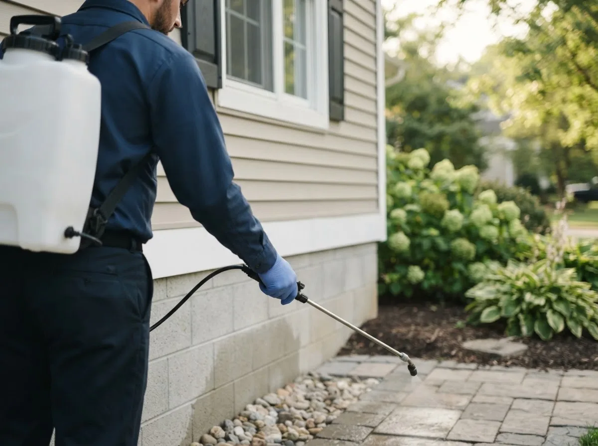Pest control technician inspecting a home in Uniondale, IN